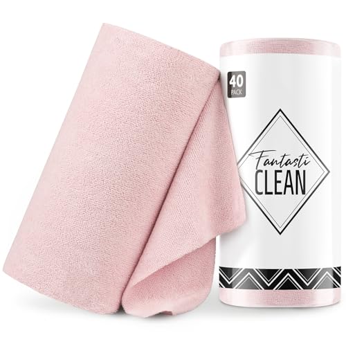 Fantasticlean Microfiber Cleaning Cloth Roll -40 Pack, Tear Away Microfiber Towels, 12" x 12", Reusable, Washable, Lint Free, Ultra Absorbent Dishcloth for Car, Pet, Kitchen Cleaning Supplies (Pink)