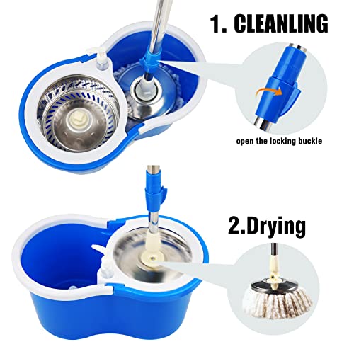 Spin Mop and Bucket with Wringer Set, 360° Mop and Bucket System with 3 Microfiber Mop Refills and 61" Extended Handle, Spinning Mop Bucket for Floor Cleaning, Blue