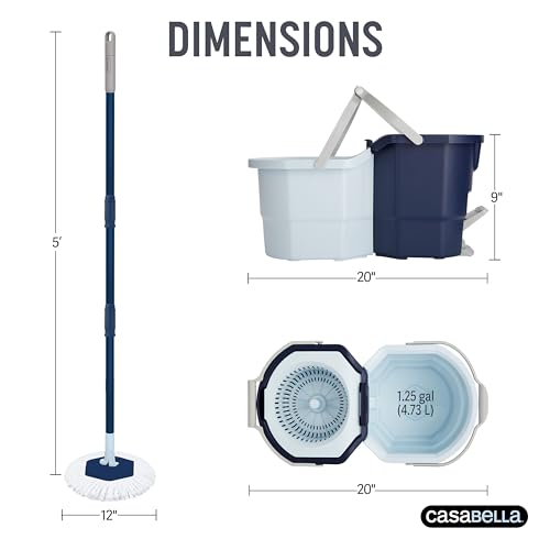 Casabella Spin Mop System with Extra Mop Head Refill - Two-Bucket Design with Splash Guard Built-in Measuring Cup and Scraper Tool with Easy Wring Pedal Spinner, 1.25-Gallon, Blue