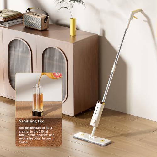 2 in 1 Wet Dry Spray Mop for Floor Cleaning, Swivel Flat Long Handle Trapeador with Washable Reusable Pads & Refillable Bottle, Lightweight for Hardwood, Laminate, Vinyl, Tile, Marble, Cream White
