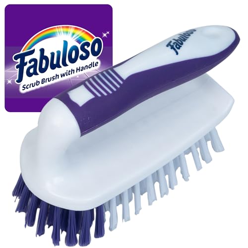 Fabuloso Cleaning Brush with Handle Compact Handheld Household Scrub Brush Kitchen Bathroom Baseboards Tile and Floors Firm Bristles Indoor Surface Cleaning White Purple 5.5 Inch Everyday Cleaning