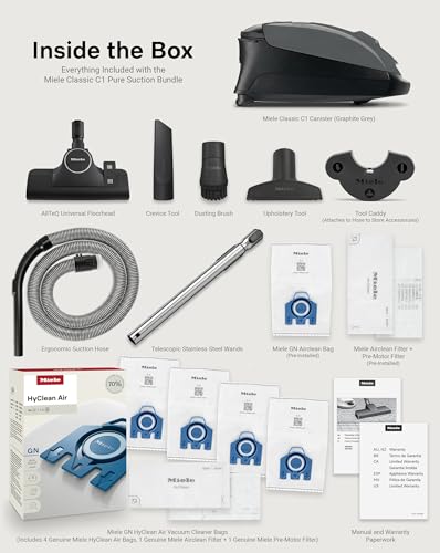 Miele Classic C1 Pure Suction Bagged Canister Vacuum, Graphite Grey - Portable, Household w/AllTeQ Universal Floorhead Bundle - Includes 4 GN FilterBags + AirClean Filter and Pre-Motor Filter