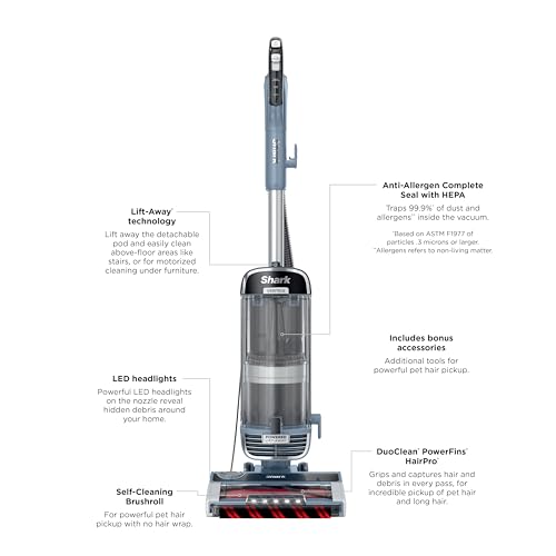 Shark Performance Powered Lift-Away Upright Vacuum, Ultra-Powerful Suction, No Hair Wrap, LED Headlights, Pet Hair Pickup, Carpets & Hardfloors, Odor Neutralizer Technology, Nordic Blue, UV2500