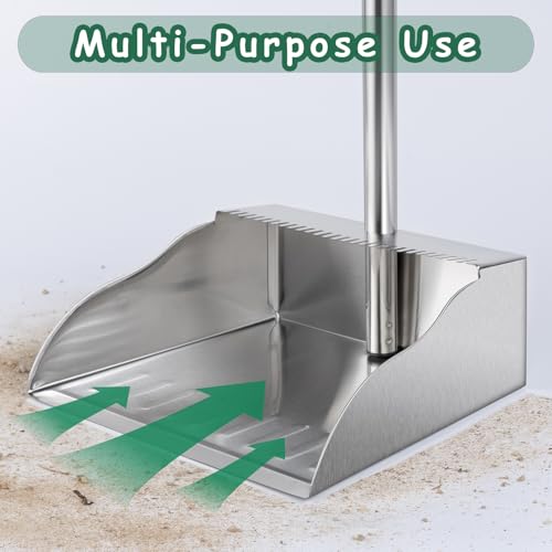 Metal Dust Pans with Long Handle,Heavy Duty Dust Pan with Handle,Upright Stand Up Dustpan with Dust Pan Teeth to Clean Hair for Home Kitchen Office Lobby Floor Garden