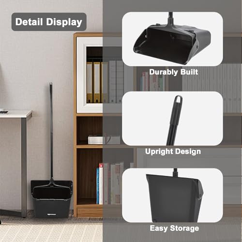 Primero Basics Pivoting Upright Dust Pan with Long Handle and Wheels, Large Capacity, Heavy Duty Commercial Dustpan for Indoor Outdoor, Standing Dust Pan for Home and Restaurant Cleaning, Black