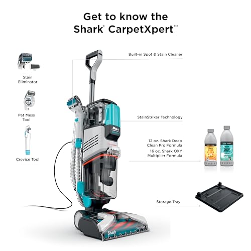 Shark CarpetXpert | Upright Carpet, Area Rug & Upholstery Cleaner | Carpet Shampooer with StainStriker Handheld Tough Stain Eliminator | Removes Tough Stains & Odors | 3 Cleaning Tools | White | EX201