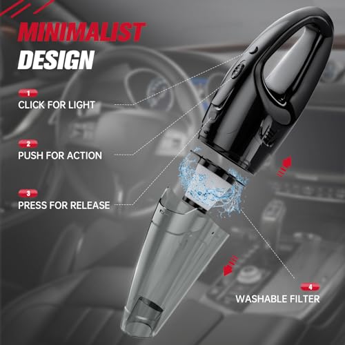 BSRCO Handheld Vacuum Cordless Rechargeable, 3-in-1 Car Vacuum Portable with LED Light & USB Charge, 1.65Lbs Lightweight Hand Vacuum Cleaner for Pet Hair, Home, Car Interior