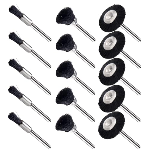 EASYIKI 15 Pieces Black Hair Polishing Brushes, Mini Brush Wheel, Polishing Wheel Kits for Rotary Tools (1/8 Inch Shank)