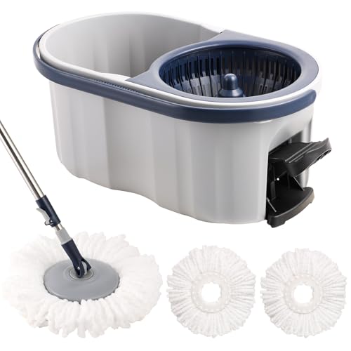 Spin Mop and Bucket Set 180° Swivel Mop Head Adjustable Telescopic Handle Dual Chamber Bucket 3 Refills Dual-Action Wringing Hand-Press Foot-Peda Hands-Free Self-Cleaning System for All Floor Types