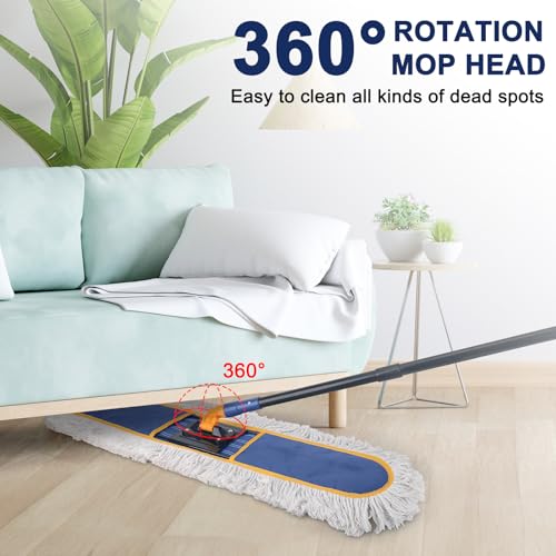 KeFanta 36" Commercial Dust Mops for Floor Cleaning,Industrial Dry Mop with Heavy Duty Long Handle,Large Cotton Reusable Mop Head,for Hardwood,Tile,Concrete,Laminate,Garage Floors(Blue)