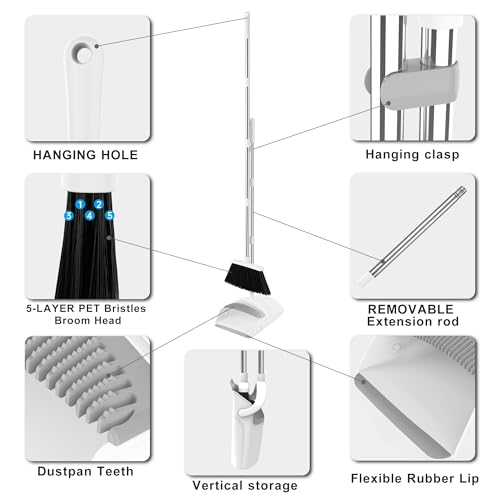 BSKLIN Broom and Dustpan Set for Home, 52" Long Handle Standing Broom Set with Dustpan Self-Cleaning Teeth for Hair Removal Heavy Duty Indoor Outdoor Sweeping Kit for Kitchen Garage (White)