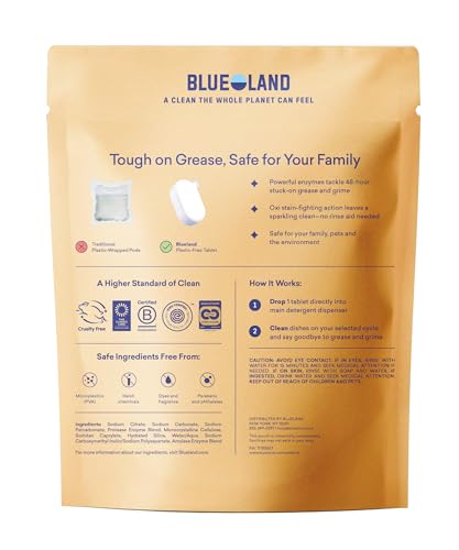 BLUELAND 100% Plastic-Free Dishwasher Detergent Tablets, 60 Count, Free & Clear, Eco-Friendly Dishwashing Pods, Cuts Grease & Stuck on Food, Rinses Clean for Streak-Free Shine
