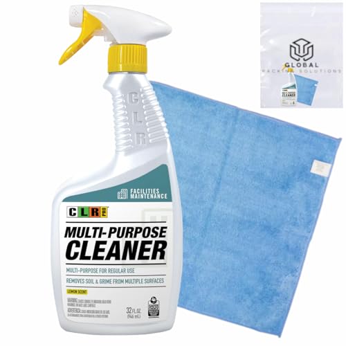 GLOBAL PACKING SOLUTIONS CLR PRO Multi-Surface Cleaner, Removes Soil and Grime, Lemon Scent, 32 Fl Oz bundled with Microfiber Cloth