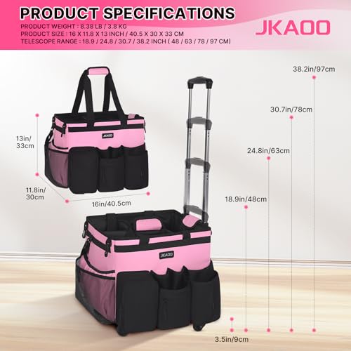 JKAOO Large Rolling Cleaning Caddy Bag with Detachable Trolley, Waterproof Cleaning Caddy on Wheels for Housekeepers, Cleaning Cart Supplies Organizer for Home,Car,Office,Picnic (Pink) (Patented)