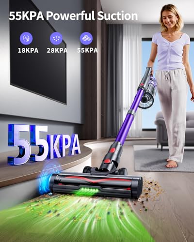 Cordless Vacuum Cleaner, 55KPa 650W Powerful Stick Vacuum for Home, 60Mins Runtime, 1.8L XL Dust Cup One-Touch Empty, Green LED Anti-Tangle Brush & Fragrance, for Pet Hair Carpet Hard Floor