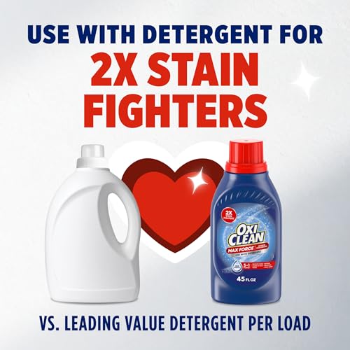 OxiClean Max Force Advanced Stain Remover Liquid, Color-Safe, Bleach-Free Kids and Baby Essential, Use with Detergent to Remove Messy Stains like Berries, Juice, Mud, Grass, 45 Fl Oz