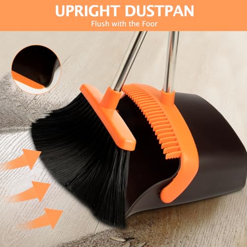 XXFLOWER Broom and Dustpan Set,Dustpans with Broom Combo for Home,Heavy Dust Broom and Dustpan Combo,Long Handle Dust Pan and Broom Set for Kitchen Office,Pet Hair(Brown Orange)