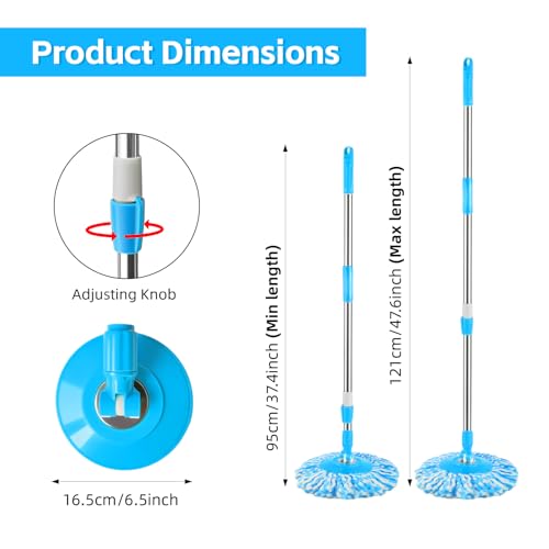 Spin Mop Replacement Handle, 47.6-Inch 360 Degrees Rotating Telescopic Stick with Robust Reinforced Plastic Disc for Bucket Cleaning System (Blue)