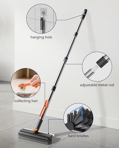 HelpX Small Floor Scrub Brush with Length Adjustable Long Handle, 3 in 1 Heavy-Duty Stiff Bristle Scrubber Brush with Squeegee and Tweezer Push Broom for Cleaning Bathroom, Patio, Garage and Kitchen