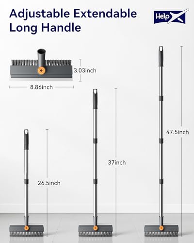 HelpX Small Floor Scrub Brush with Length Adjustable Long Handle, 3 in 1 Heavy-Duty Stiff Bristle Scrubber Brush with Squeegee and Tweezer Push Broom for Cleaning Bathroom, Patio, Garage and Kitchen