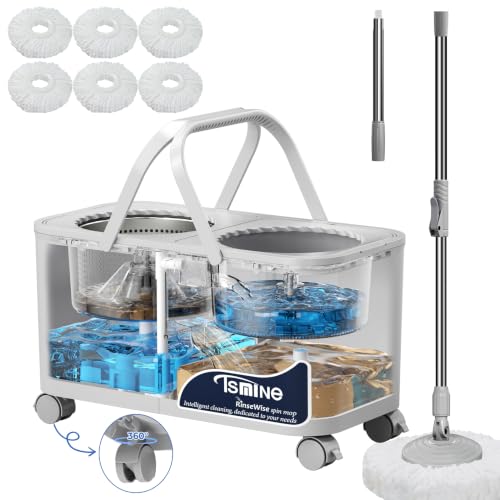 Compact Spin Mop for Apartments & Small Spaces, Clean & Dirty Water Separation Mop Bucket for Pet Owners & Daily Cleaning,360° Swivel Wheels, Safe for Hardwood & Tile, Adjustable Handle, 6 Mop Heads