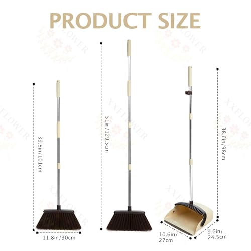 XXFLOWER Broom and Dustpan Set with Long Handle, Heavy Dust Broom and Dustpan Combo for Home，Kitchen, Office, Pet Hair(Beige)