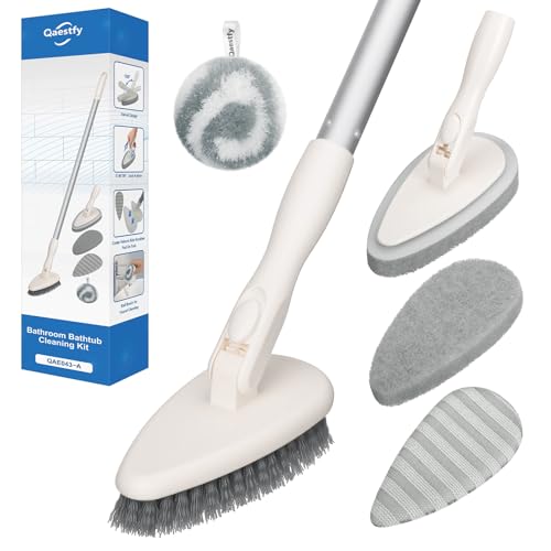 Qaestfy 4-in-1 Tub and Tile Shower Scrubber, 51'' Bathtub Cleaning Brush with Long Handle, Soft & Stiff Bristles Bathroom Scrub Brush, Non-Scratch Shower Cleaner Brush for Cleaning