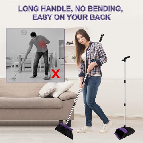 UDUK Broom with Dustpan Combo Set and Silicone Air Broom Kit, 51" Long Handle Floor Squeegee, Purple Household Kit for Glass Window Rugs Pet Hair Home