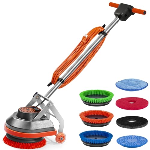 HHQ Commercial Floor Scrubber Machine with Brushes and Pads, Heavy Duty Floor Cleaner Polisher and Buffer- Deep Cleaning Tile and Grout, Hardwood Floors and Carpets without Getting on Hands and Knees