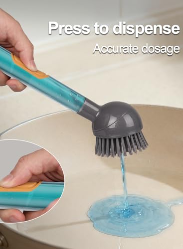 CuLiDing Soap Dispensing Dish Brush with Handle, 360° Rotating Head, 5-Piece Kitchen Cleaning Set (2 Brush Heads & 3 Sponges), Non-Scratch Scrubber for Pot, Pan, Sink, Leak-Proof Dishwand, Grey