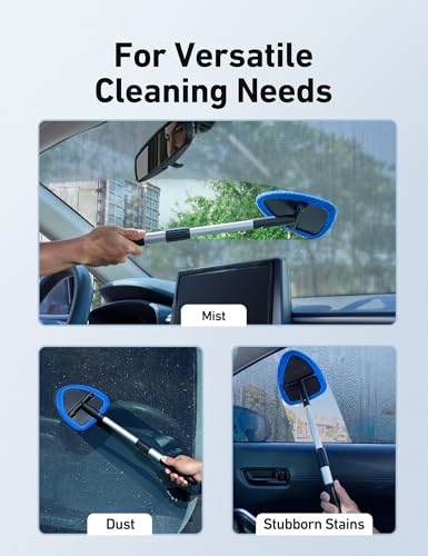 AstroAI 21" Windshield Cleaner Tool, Car Interior Detailing Cleaning Kit with Extendable Handle and 4 Upgraded High-Density Reusable Microfiber Pads, Auto Glass Wiper Brush Kit for Cars, Blue