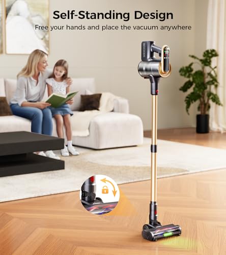 RENDOW Cordless Vacuum Cleaner, 550W 45Kpa 65Mins Vacuum Cleaners for Home, Self-Standing Cordless Stick Vacuum with LED Display,Anti-Tangle Rechargeable Wireless Vacuum for Pet Hair/Carpet/Hard Floor