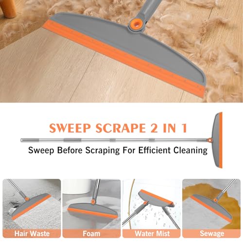 Multifunction Silicone Broom, 54 Inch Long Handle Silicone Floor Squeegee Broom, Sweep and Scrape 2 in 1 Household Cleaning Rubber Broom for Floor, Bathrooms, Kitchens, Showers, Tile, Pet Hair, Glass