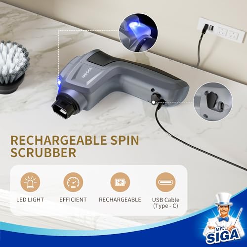 MR.SIGA Electric Spin Scrubber for Kitchen and Bathroom Cleaning, Waterproof Rechargeable Cordless Spin Scrubber with 5 Replaceable Cleaning Brushes and Pads