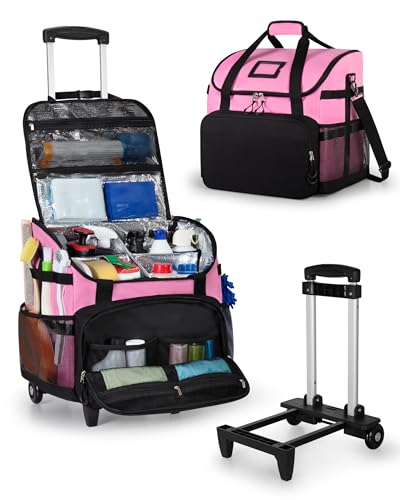 Marscamd Large Rolling Cleaning Caddy Bag with Detachable Trolley, Cleaning Supplies Organizer with Wheels for Housekeepers, Pink