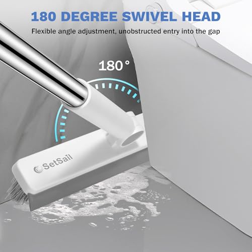 SetSail Grout Cleaner Brush with Long Handle, V-Shaped Floor Scrub Brush Swivel Grout Brush Stiff Bristle Floor Grout Scrubber for Bathroom, Tile Line, Crevice, Kitchen, Wall, Deck, Garage, White Grey