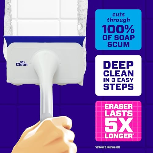 Mr. Clean Magic Eraser Shower & Tub Scrubber, Bathroom Cleaner, All in One Bathroom Cleaner, Lemon Starter Kit, 2 Scrubber, 5 Foaming Magic Erasers, 1 Whole Home Extra Durable Magic Eraser