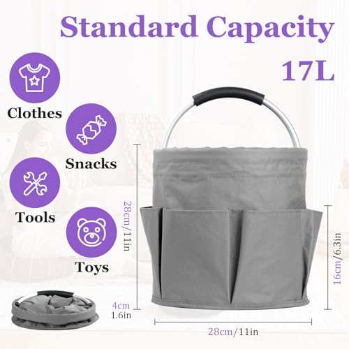 IHOMAGIC 17L Collapsible Cleaning Caddy with Handle, Foldable Cleaning Supply Caddy, Bucket Tool Organizer in 600D Oxford Fabric, Multifunctional Storage Basket for Cleaning, Traveling, Dark Gray