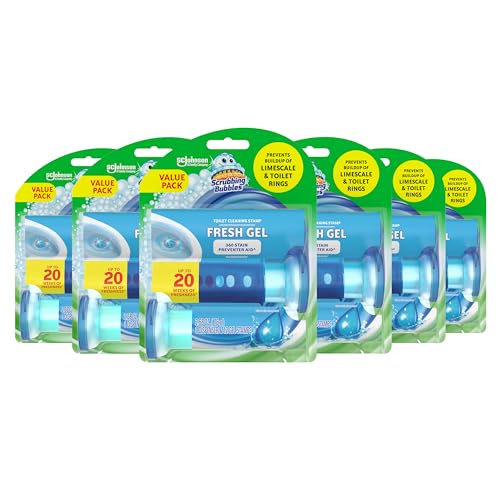 Scrubbing Bubbles Fresh Gel Toilet Bowl Cleaning Stamps, Automatic & Continuous Bathroom Toilet Cleaner Helps Prevent Limescale & Rings, Rainshower Scent, 1 Dispenser with 12 Stamps (6 Count)