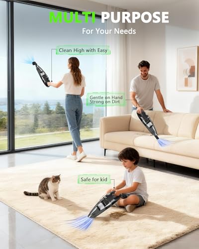 Handheld Vacuum Cordless, Rechargeable Car Vacuum Cleaner with Multiple Attachments, Portable Hand Held Vacuum Suction Power, Mini Vacuum for Car, Home, Pet Hair, Office, Desk, Keyboards Black Silver