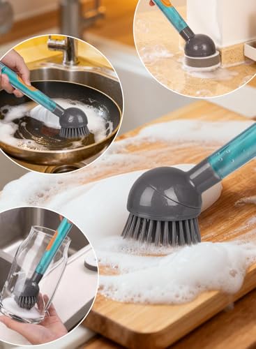 CuLiDing Soap Dispensing Dish Brush with Handle, 360° Rotating Head, 5-Piece Kitchen Cleaning Set (2 Brush Heads & 3 Sponges), Non-Scratch Scrubber for Pot, Pan, Sink, Leak-Proof Dishwand, Grey