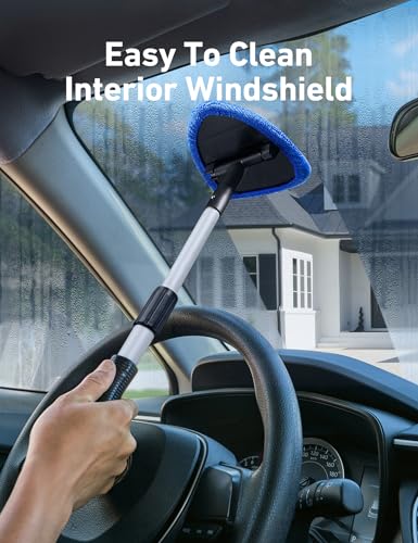 AstroAI 21" Windshield Cleaner Tool, Car Interior Detailing Cleaning Kit with Extendable Handle and 4 Upgraded High-Density Reusable Microfiber Pads, Auto Glass Wiper Brush Kit for Cars, Blue