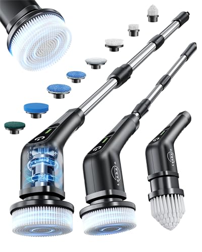 Leebein Electric Spin Scrubber, Cordless Cleaning Brush with 8 Replaceable Brush Heads, Tub and Floor Tile Power Scrubber Dual Speed with Adjustable & Detachable Handle for Bathroom Tub (All Black)