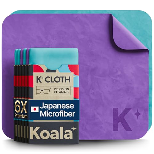 Koala Lens Cleaning Cloth | Japanese Microfiber | Glasses Cleaning Cloths | Eyeglass Lens Cleaner | Eyeglasses, Camera Lens, VR/AR Headset, and Screen Cleaning | Blue & Purple (Pack of 6)