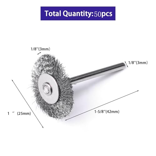 ATOPLEE Wire Wheel Brush Set,50pcs 1 Inch Mini Wire Wheel with 1/8 Inch Round Shank,Crimped Wire Brush Wheel for Rust Removal, Corrosion and Scrub Surfaces,for Drill Attachment
