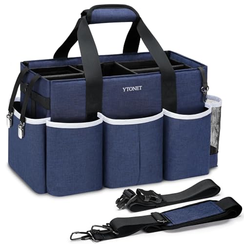 Ytonet Wearable Cleaning Caddy Bag, Large Cleaning Supplies Organizer with 4 Foldable Dividers, Kitchen Caddy Organizer with Handle & Adjustable Shoulder Straps for Cleaners & Housekeeper, Blue