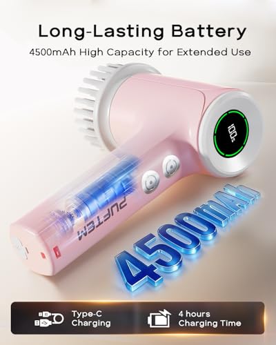 PUFTEM Shower Scrubber, Electric Spin Scrubber for Bathroom Cleaning – Cordless Shower Cleaner Brush with 6 Brush Heads, Dual-Direction Rotation, for Grout, Tile, Tub, Sink & Corners, Pink