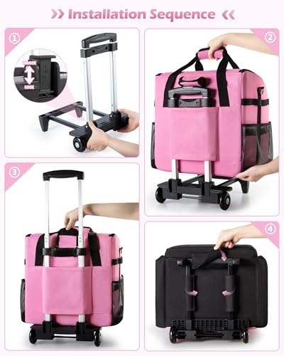 Marscamd Large Rolling Cleaning Caddy Bag with Detachable Trolley, Cleaning Supplies Organizer with Wheels for Housekeepers, Pink