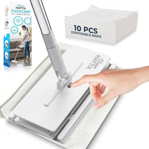 CleanMattix - FlexiClamp Sweep & Mop Kit - Compatible with Swiffer Pads, Durable Cleaning Tool for Hardwood, Tile, Marble & Laminate Floors, Home, Kitchen Cleaning Essentials. (Include 10 Dry Cloths)