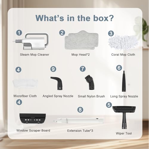 6-in-1 Steam Mop, 1200W Rotated Steam Cleaner for Home, 2 Modes, 400ML Removable Tank, 23FT Power Cord, 2 Pads, Multi-Surface Steamer for Hard Floor, Laminate Floor, Tiles Cleaning (Lily White）